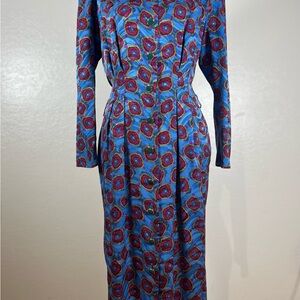 Vintage Adrianna Papell Vibrant Blue and Red Long Sleeve Dress